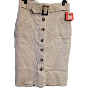 Isaac Mizrahi Skirt Womens Size 10 Beige Linen Button Front Pockets Lagenlook